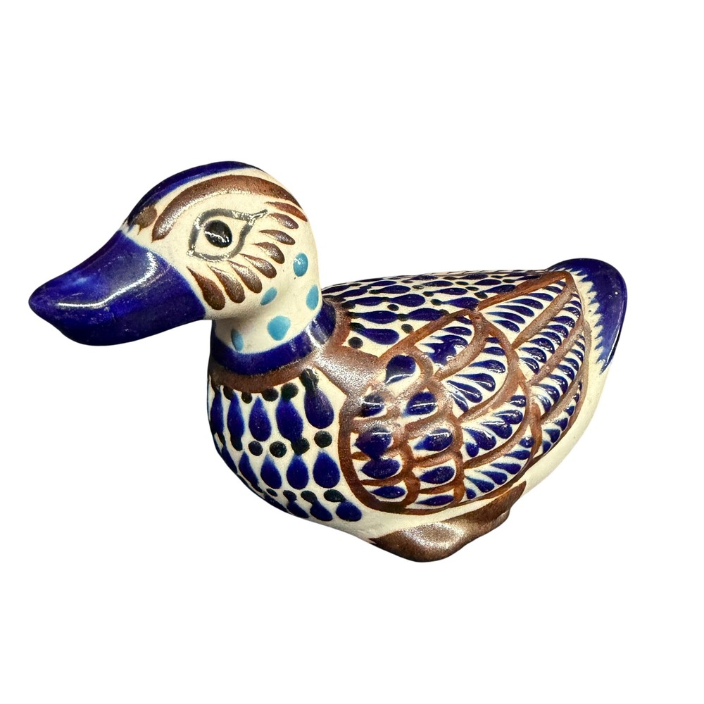 Vintage Tonala Mexican Pottery Duck Figurine Blue Brown Hand Painted Folk Art